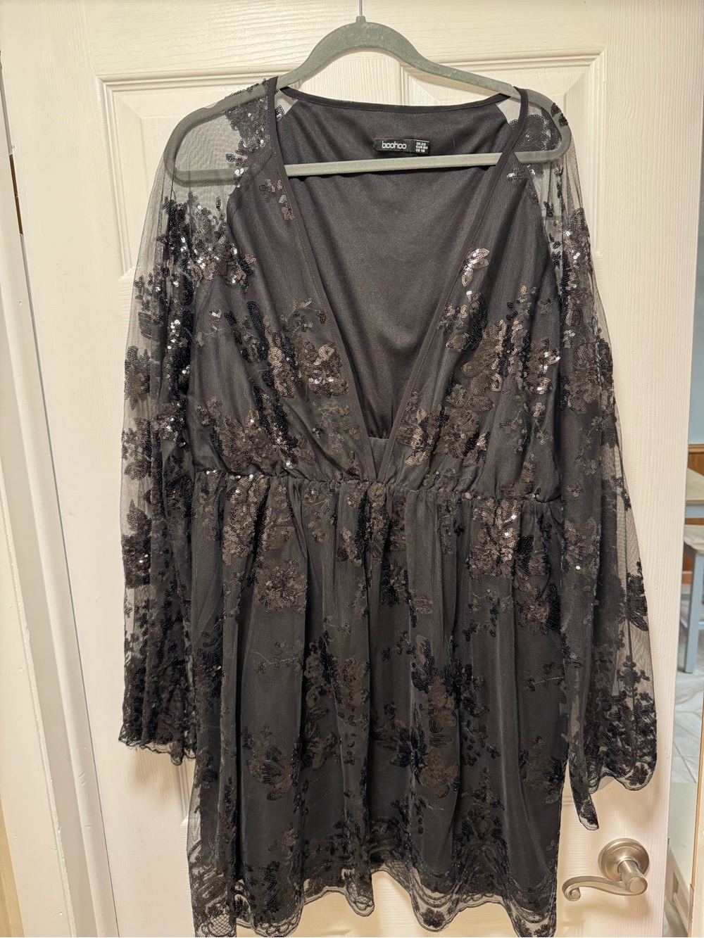 Boohoo Black Long Sleeve Sequin Mesh Dress